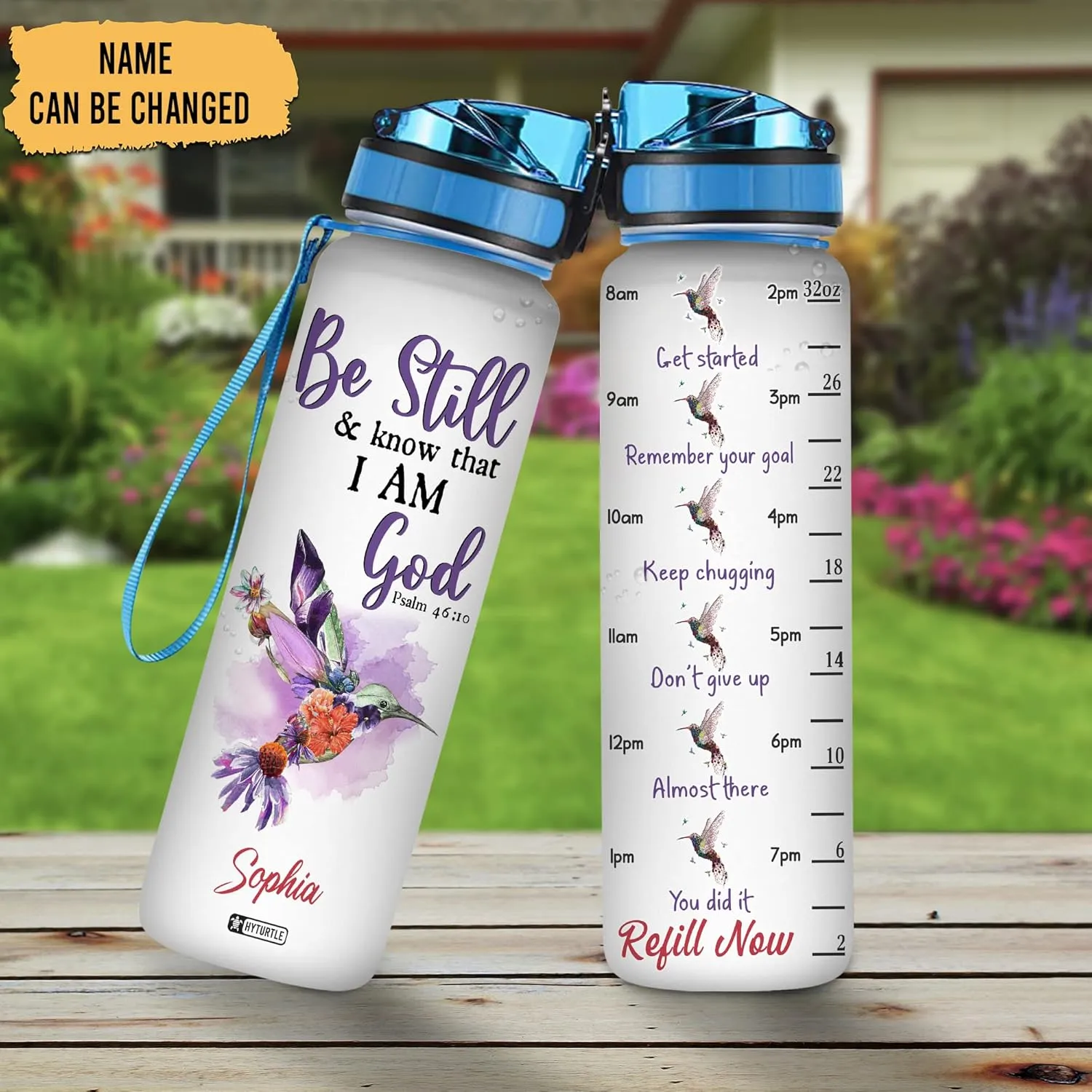 Hyturtle Personalized Hummingbird Water Bottle - 32oz Motivational Water Bottle with Leak-Proof Lid & Time Marker - Custom Name Gift for Hummingbird Lovers, Women Girls - Birthday & Christmas Gift