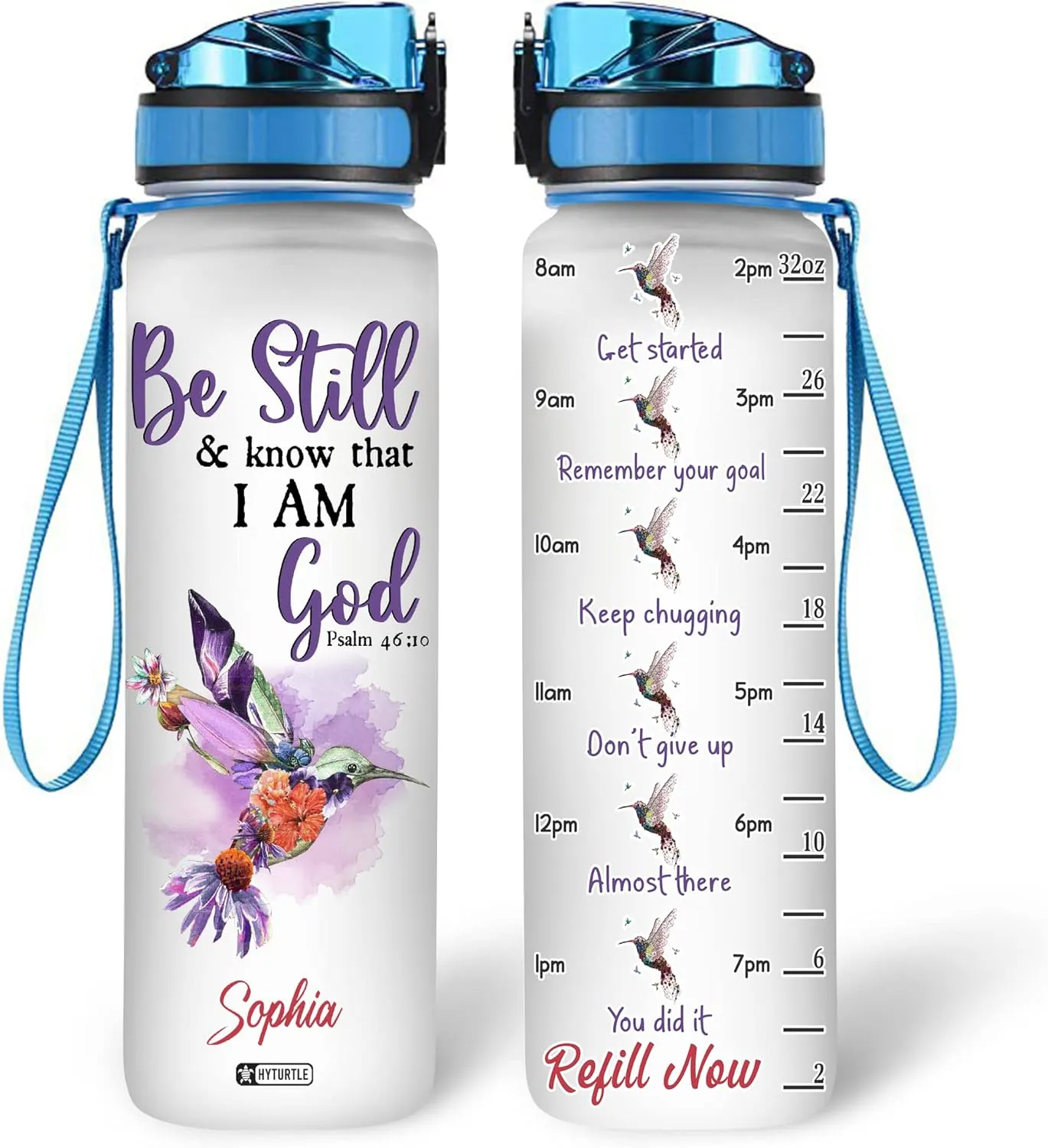 Hyturtle Personalized Hummingbird Water Bottle - 32oz Motivational Water Bottle with Leak-Proof Lid & Time Marker - Custom Name Gift for Hummingbird Lovers, Women Girls - Birthday & Christmas Gift