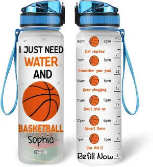 Hyturtle Personalized I Just Need Water And Basketball 32Oz Liter Motivational Water Bottle, Customized Name With Time Marker, Gifts For Women Men Boys Friends Basketball Lovers On Birthday