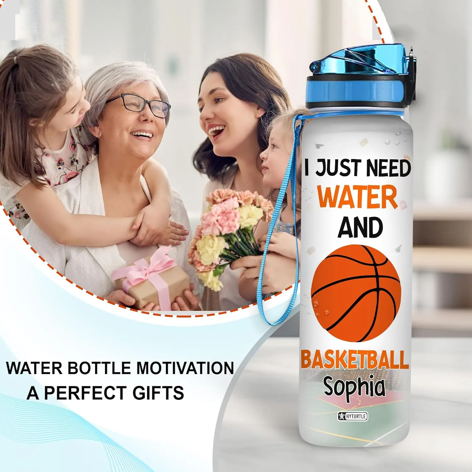 Hyturtle Personalized I Just Need Water And Basketball 32Oz Liter Motivational Water Bottle, Customized Name With Time Marker, Gifts For Women Men Boys Friends Basketball Lovers On Birthday