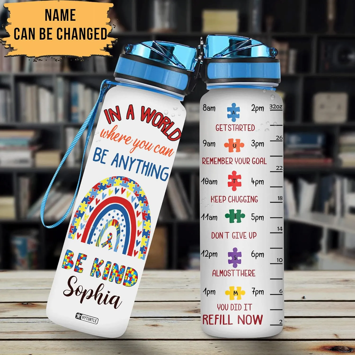 Hyturtle Personalized In A World Where You Can Be Anything Autism 32Oz Liter Motivational Water Bottle, Customized Name With Time Marker Autism Awareness Gifts For Women On Autism Day Mother's Day