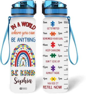 Hyturtle Personalized In A World Where You Can Be Anything Autism 32Oz Liter Motivational Water Bottle, Customized Name With Time Marker Autism Awareness Gifts For Women On Autism Day Mother's Day