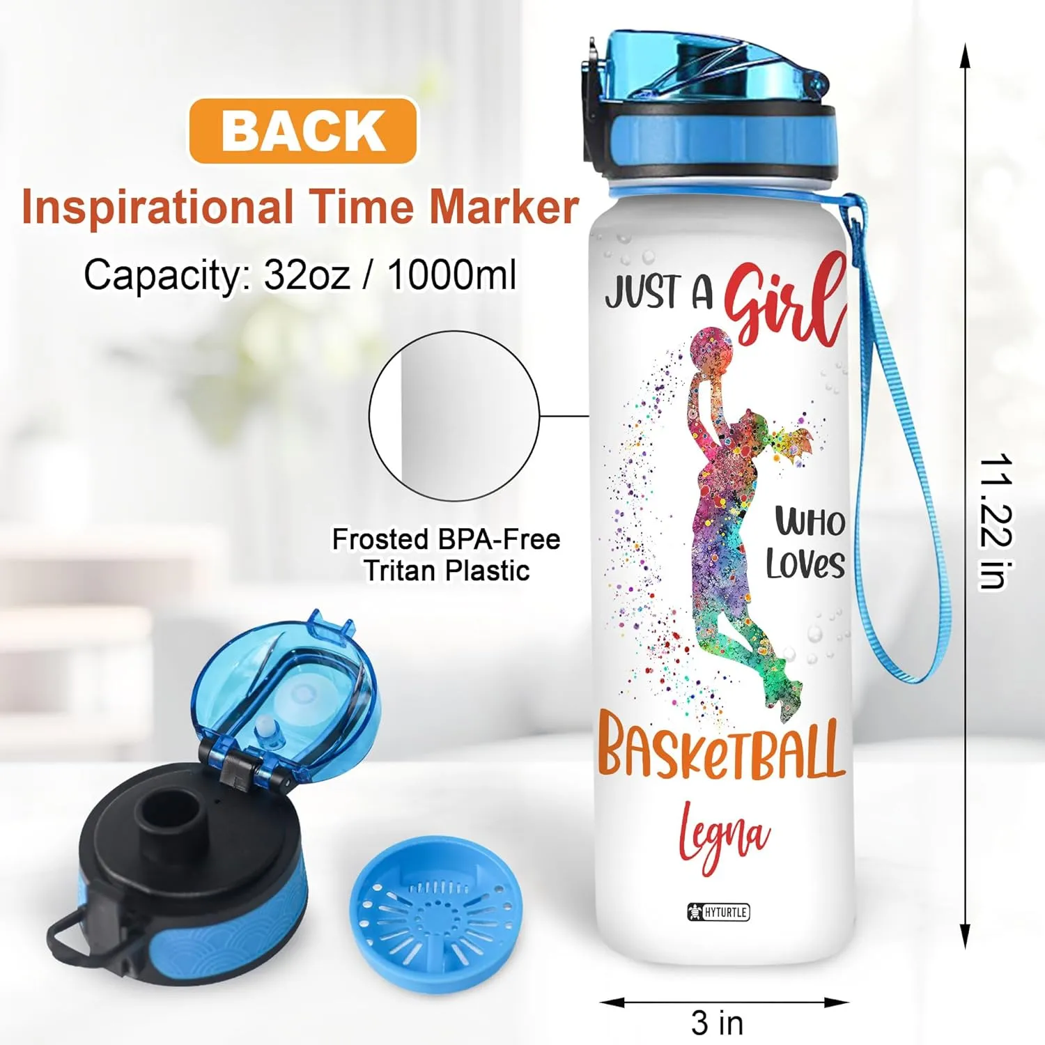 Hyturtle Personalized Just A Girl Who Loves Basketball 32Oz Liter Motivational Water Bottle, Gifts For Women Men Boys Basketball Lovers On Birthday Mother's Day Father's Day