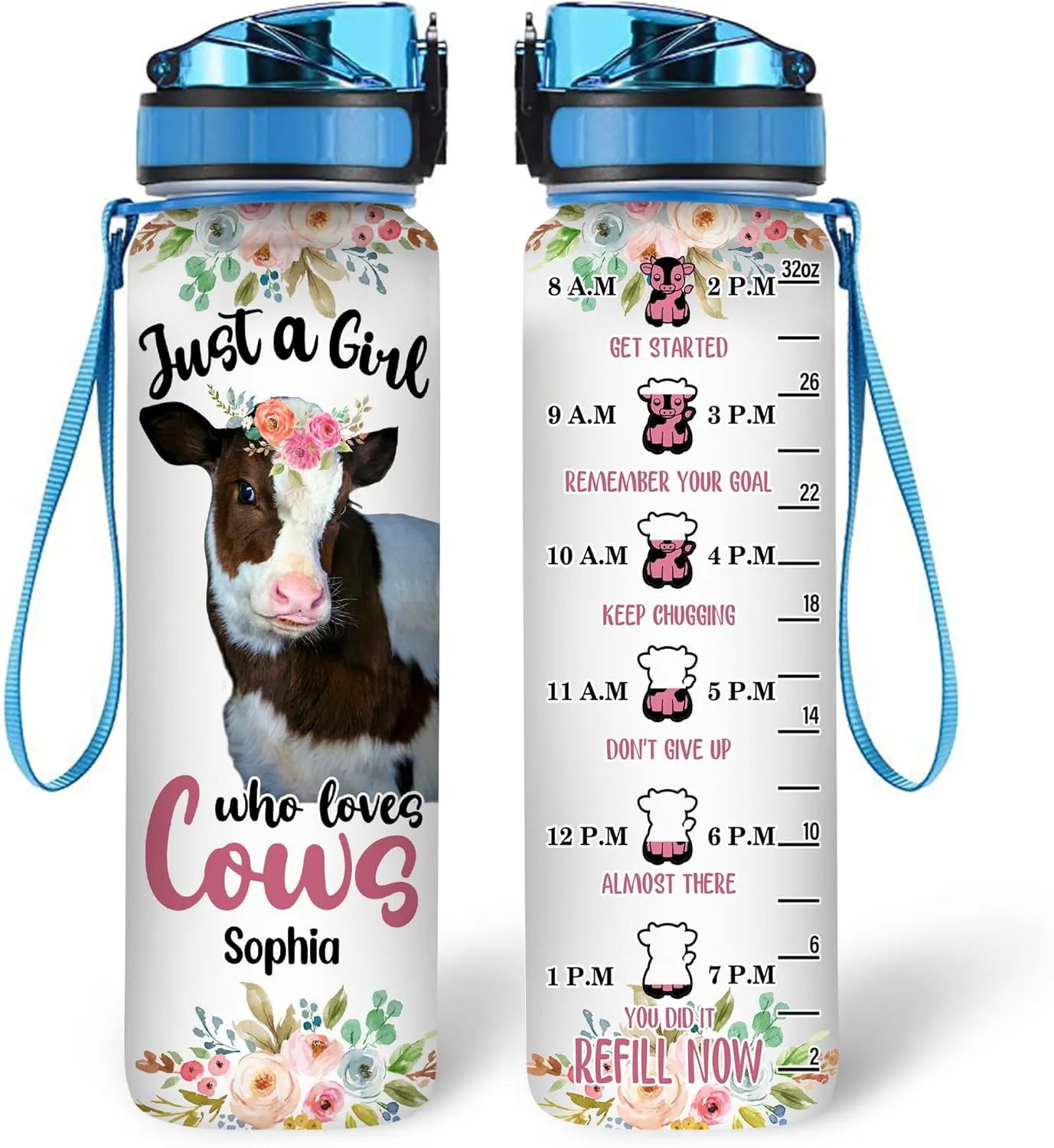 Hyturtle Personalized 'Just A Girl Who Loves Cows' 32Oz Motivational Water Bottle, Customized With Time Marker For Cow Lovers