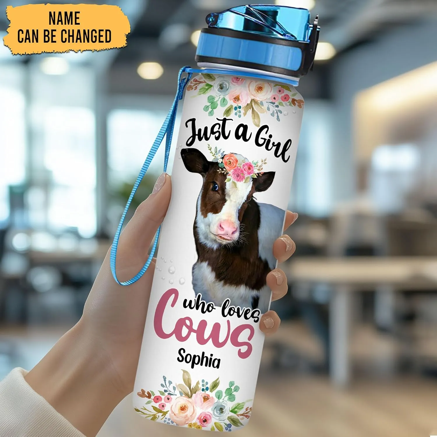 Hyturtle Personalized 'Just A Girl Who Loves Cows' 32Oz Motivational Water Bottle, Customized With Time Marker For Cow Lovers