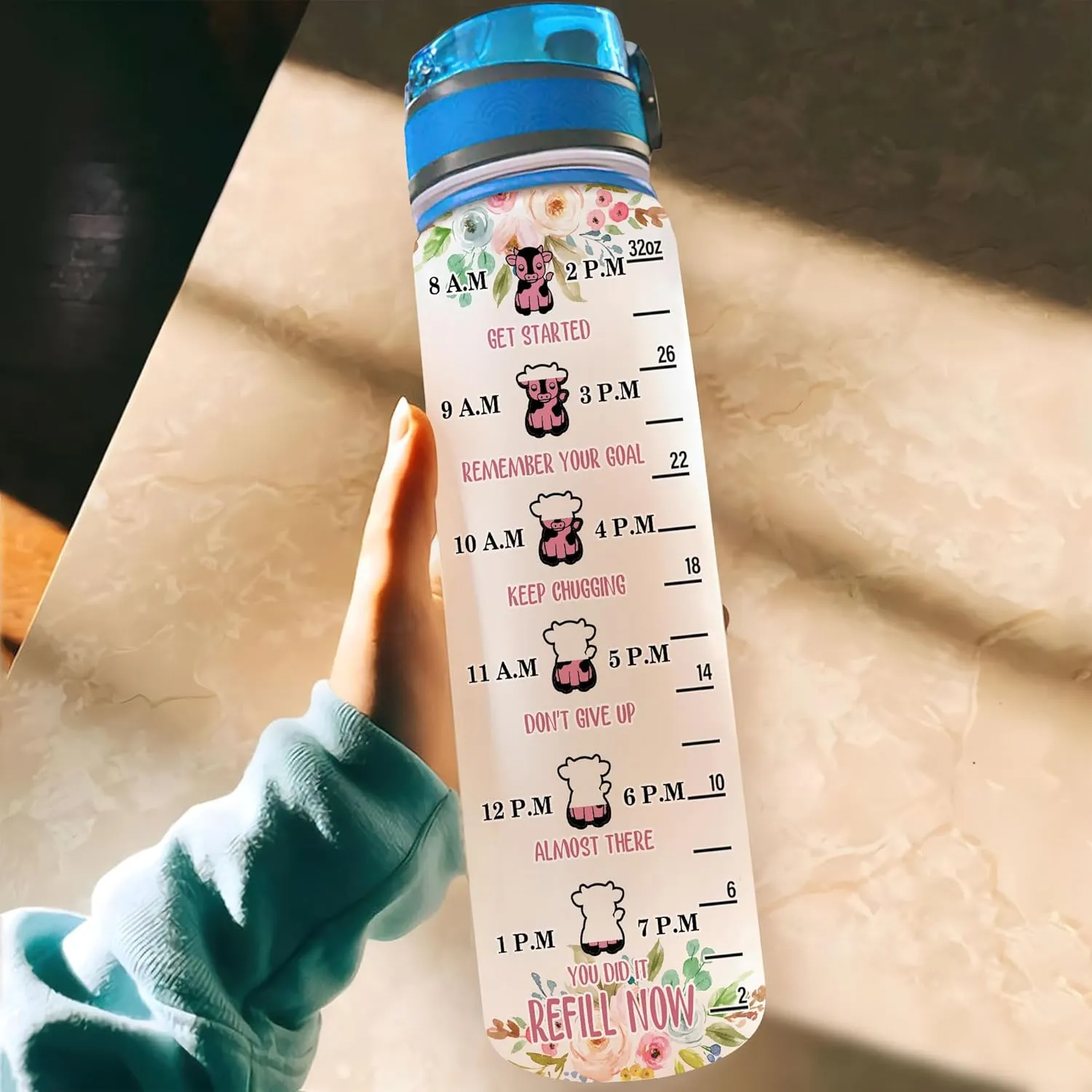 Hyturtle Personalized 'Just A Girl Who Loves Cows' 32Oz Motivational Water Bottle, Customized With Time Marker For Cow Lovers