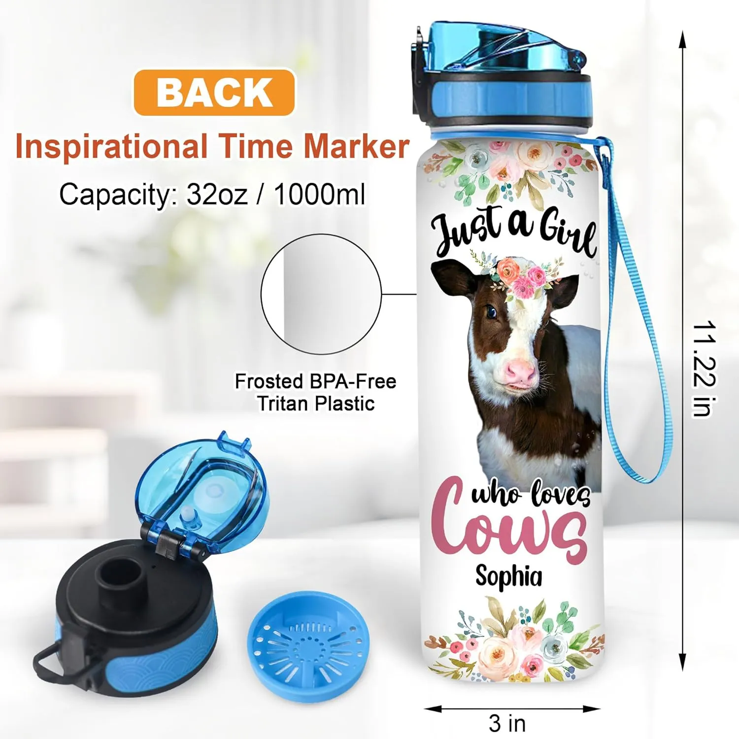 Hyturtle Personalized 'Just A Girl Who Loves Cows' 32Oz Motivational Water Bottle, Customized With Time Marker For Cow Lovers