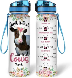 Hyturtle Personalized 'Just A Girl Who Loves Cows' 32Oz Motivational Water Bottle, Customized With Time Marker For Cow Lovers