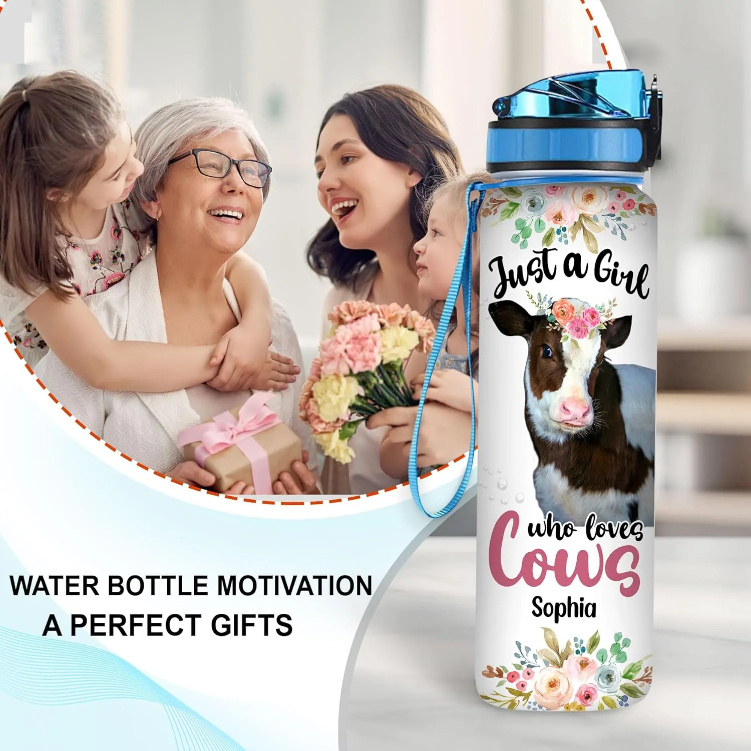 Hyturtle Personalized 'Just A Girl Who Loves Cows' 32Oz Motivational Water Bottle, Customized With Time Marker For Cow Lovers