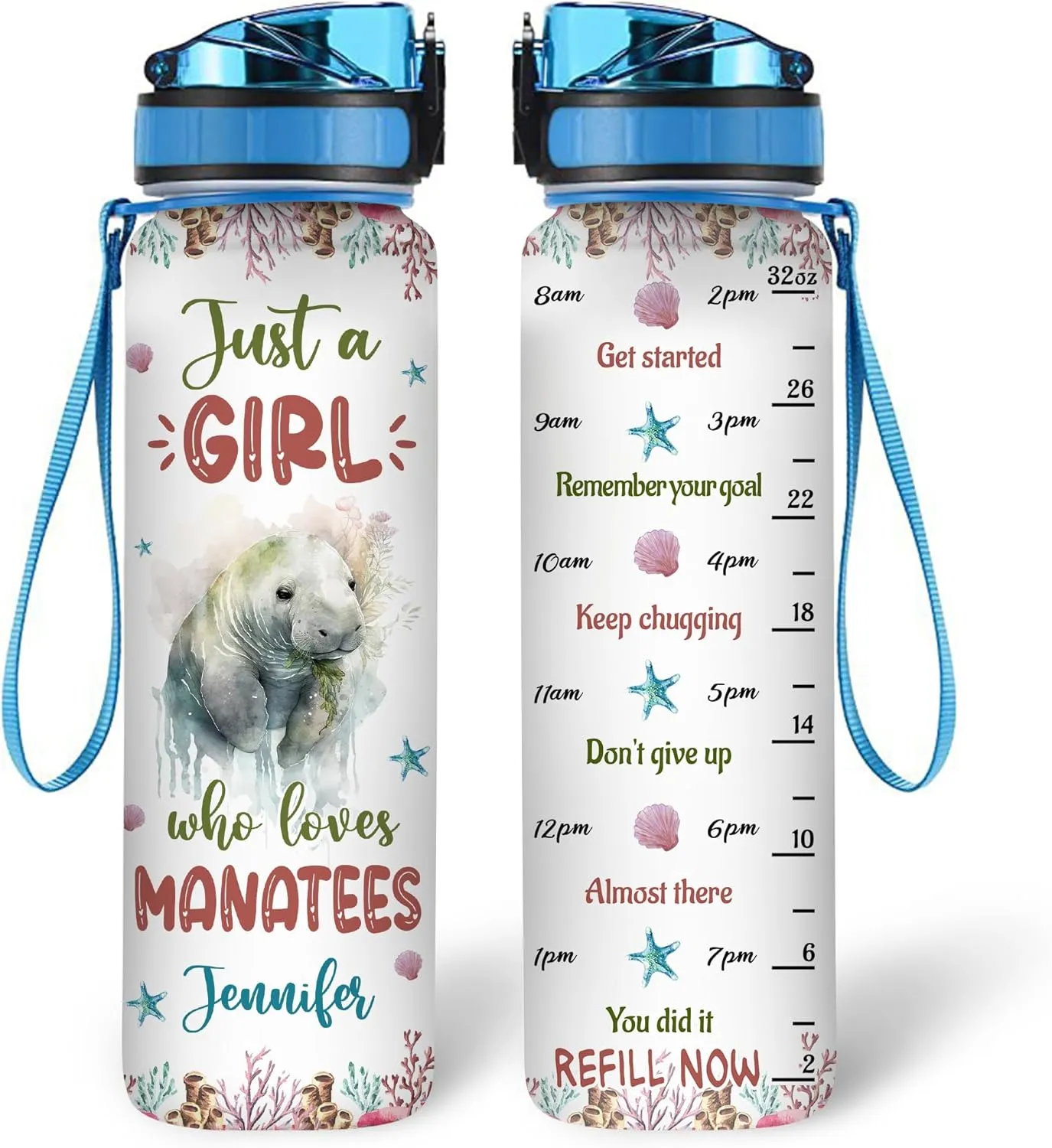 Hyturtle Personalized Manatee Lovers 32 Oz 1Liter Motivational Water Bottle With Time Marker, Just A Girl Who Loves Manatees, Sea Animal Lovers Gifts For Women, Girl On Birthday, Christmas