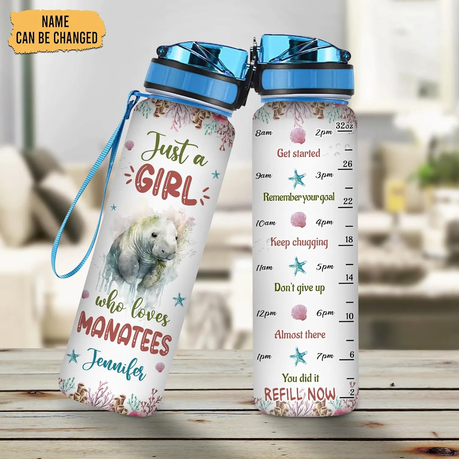 Hyturtle Personalized Manatee Lovers 32 Oz 1Liter Motivational Water Bottle With Time Marker, Just A Girl Who Loves Manatees, Sea Animal Lovers Gifts For Women, Girl On Birthday, Christmas