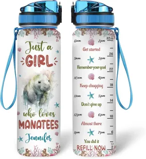 Hyturtle Personalized Manatee Lovers 32 Oz 1Liter Motivational Water Bottle With Time Marker, Just A Girl Who Loves Manatees, Sea Animal Lovers Gifts For Women, Girl On Birthday, Christmas