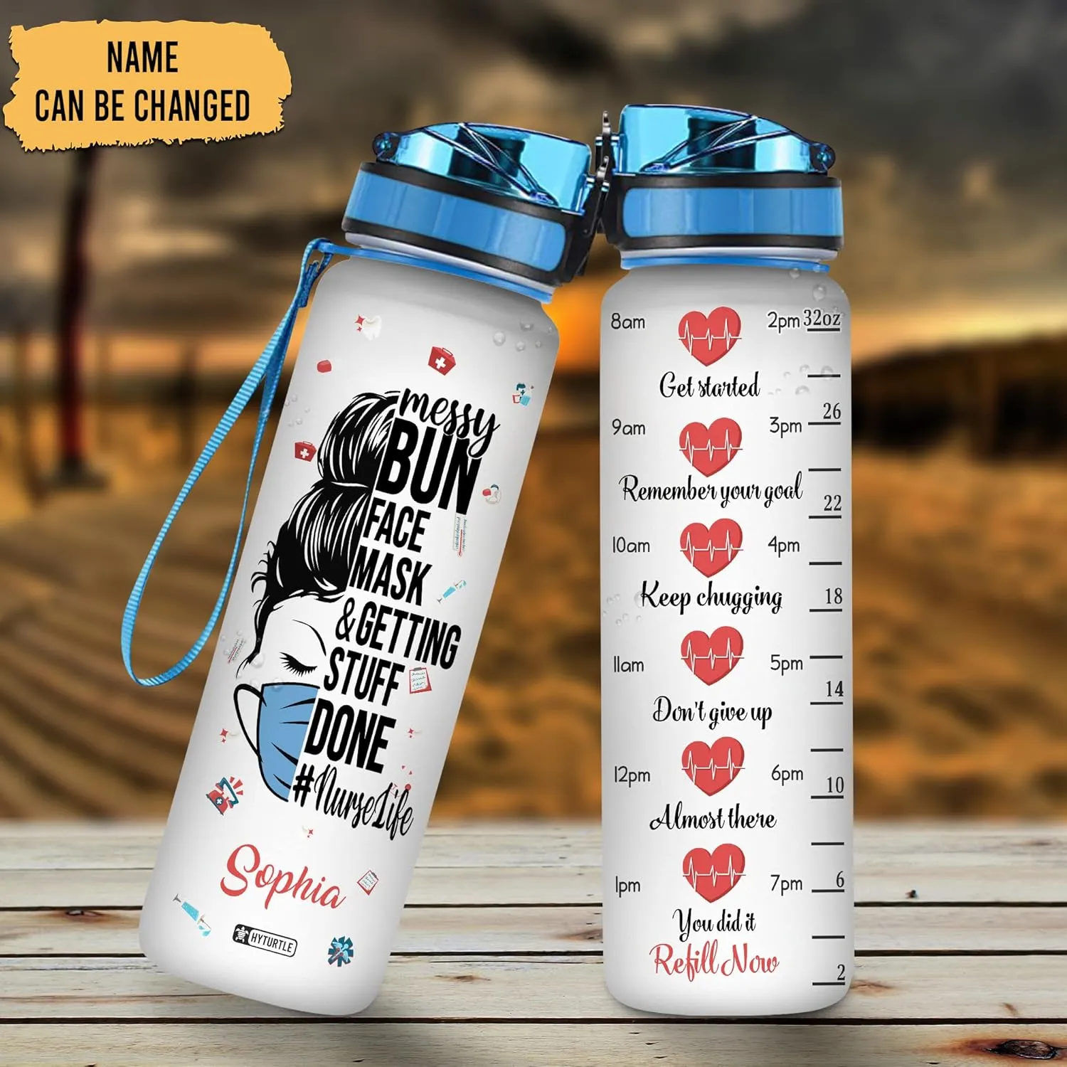 Hyturtle Personalized Messy Bun Face Mask Nurse Life 32Oz Liter Motivational Water Bottle, Customized Name With Time Marker, Appreciation Gifts For Women Nurse Coworker On Birthday Nurse's Day