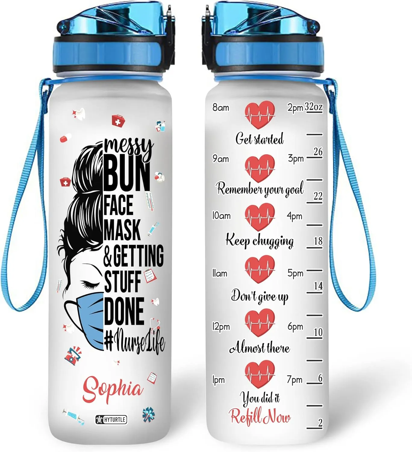 Hyturtle Personalized Messy Bun Face Mask Nurse Life 32Oz Liter Motivational Water Bottle, Customized Name With Time Marker, Appreciation Gifts For Women Nurse Coworker On Birthday Nurse's Day