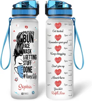 Hyturtle Personalized Messy Bun Face Mask Nurse Life 32Oz Liter Motivational Water Bottle, Customized Name With Time Marker, Appreciation Gifts For Women Nurse Coworker On Birthday Nurse's Day