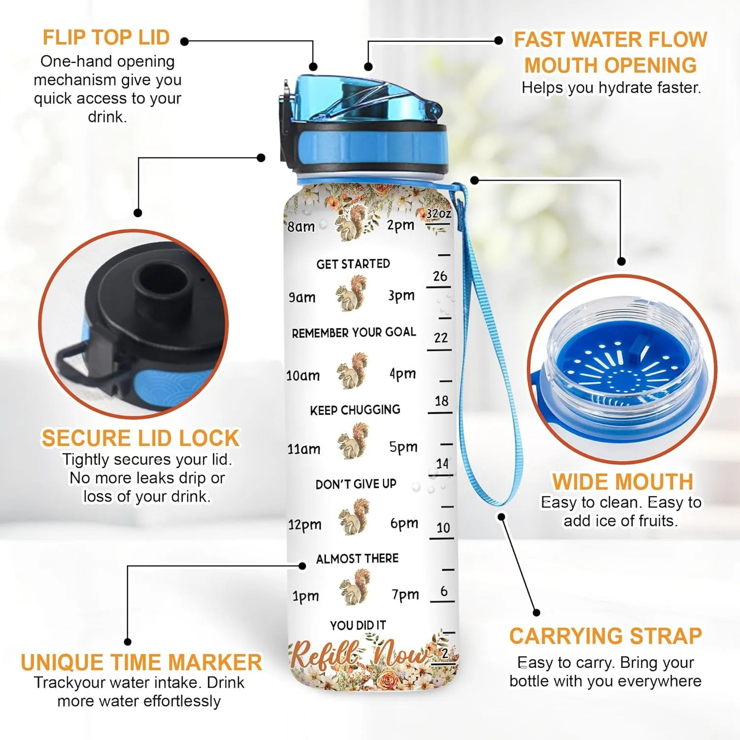 Hyturtle Personalized Squirrel Lovers 32 Oz 1Liter Motivational Water Bottle With Time Marker, Just A Girl Who Loves Squirrels, Animal Lovers Gifts For Women, Girl On Birthday, Christmas