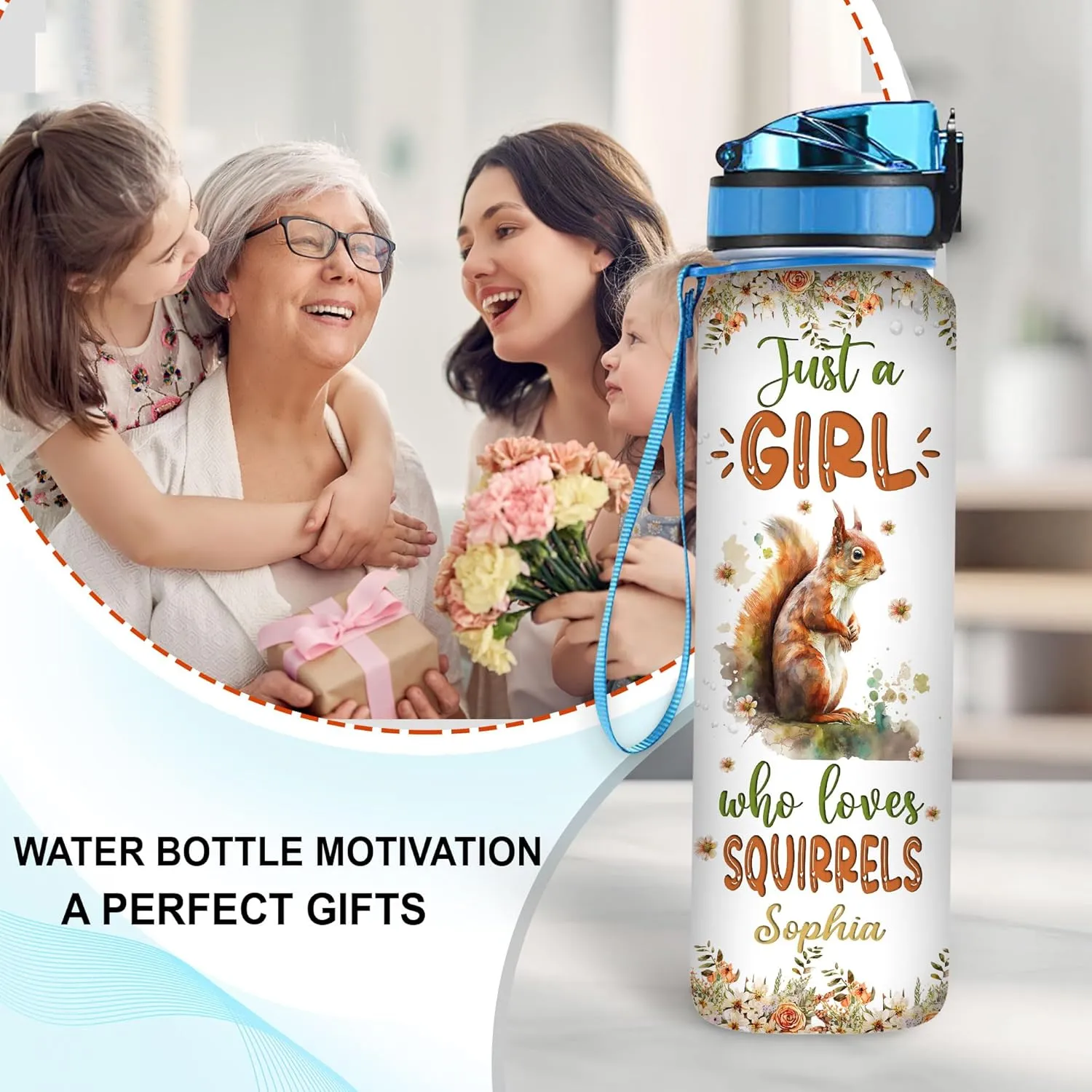 Hyturtle Personalized Squirrel Lovers 32 Oz 1Liter Motivational Water Bottle With Time Marker, Just A Girl Who Loves Squirrels, Animal Lovers Gifts For Women, Girl On Birthday, Christmas