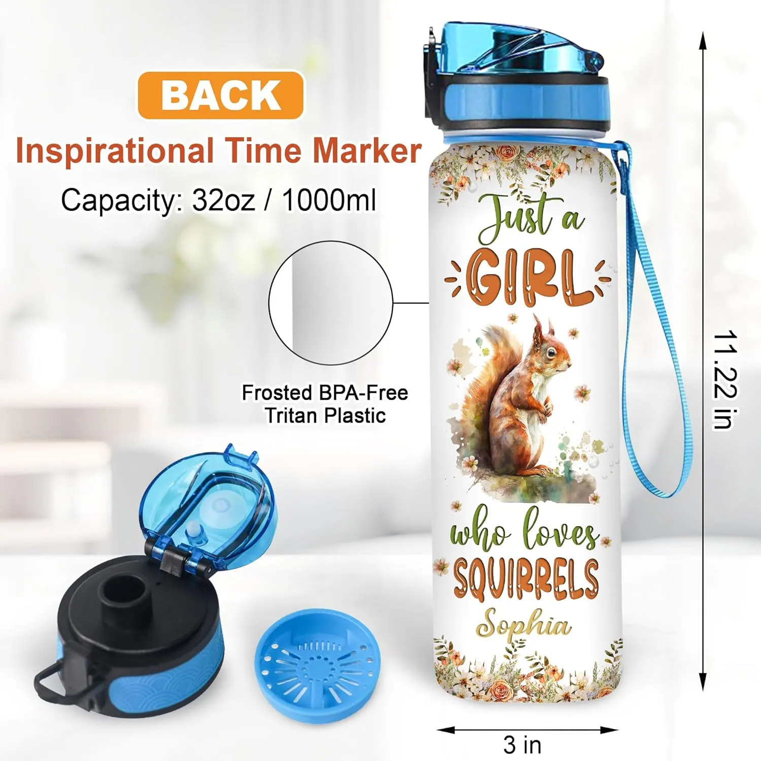 Hyturtle Personalized Squirrel Lovers 32 Oz 1Liter Motivational Water Bottle With Time Marker, Just A Girl Who Loves Squirrels, Animal Lovers Gifts For Women, Girl On Birthday, Christmas