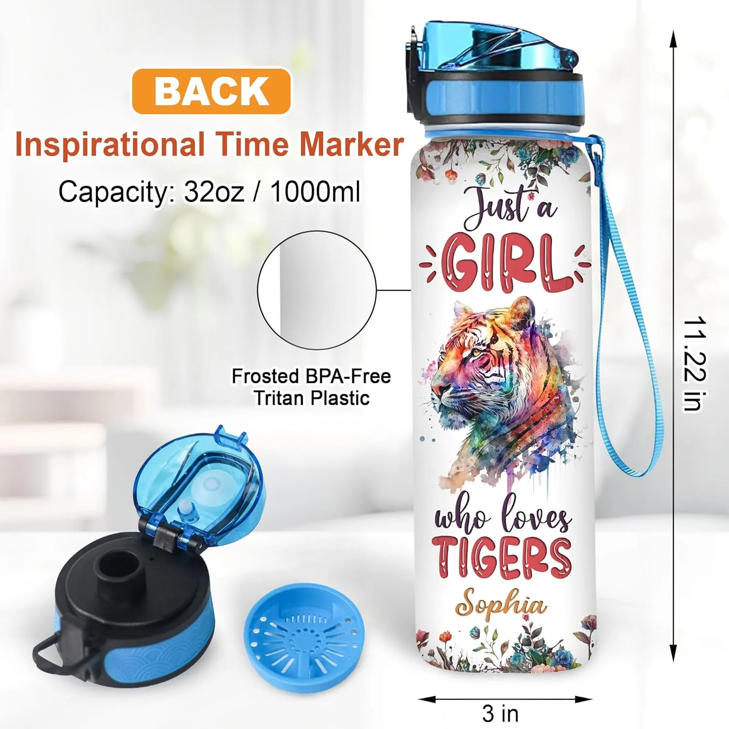 Hyturtle Personalized Tiger Lovers 32 Oz 1Liter Motivational Water Bottle With Time Marker, Just A Girl Who Loves Tigers, Animal Lovers Gifts For Women, Girl On Birthday, Christmas