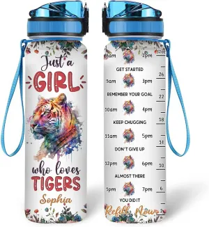 Hyturtle Personalized Tiger Lovers 32 Oz 1Liter Motivational Water Bottle With Time Marker, Just A Girl Who Loves Tigers, Animal Lovers Gifts For Women, Girl On Birthday, Christmas