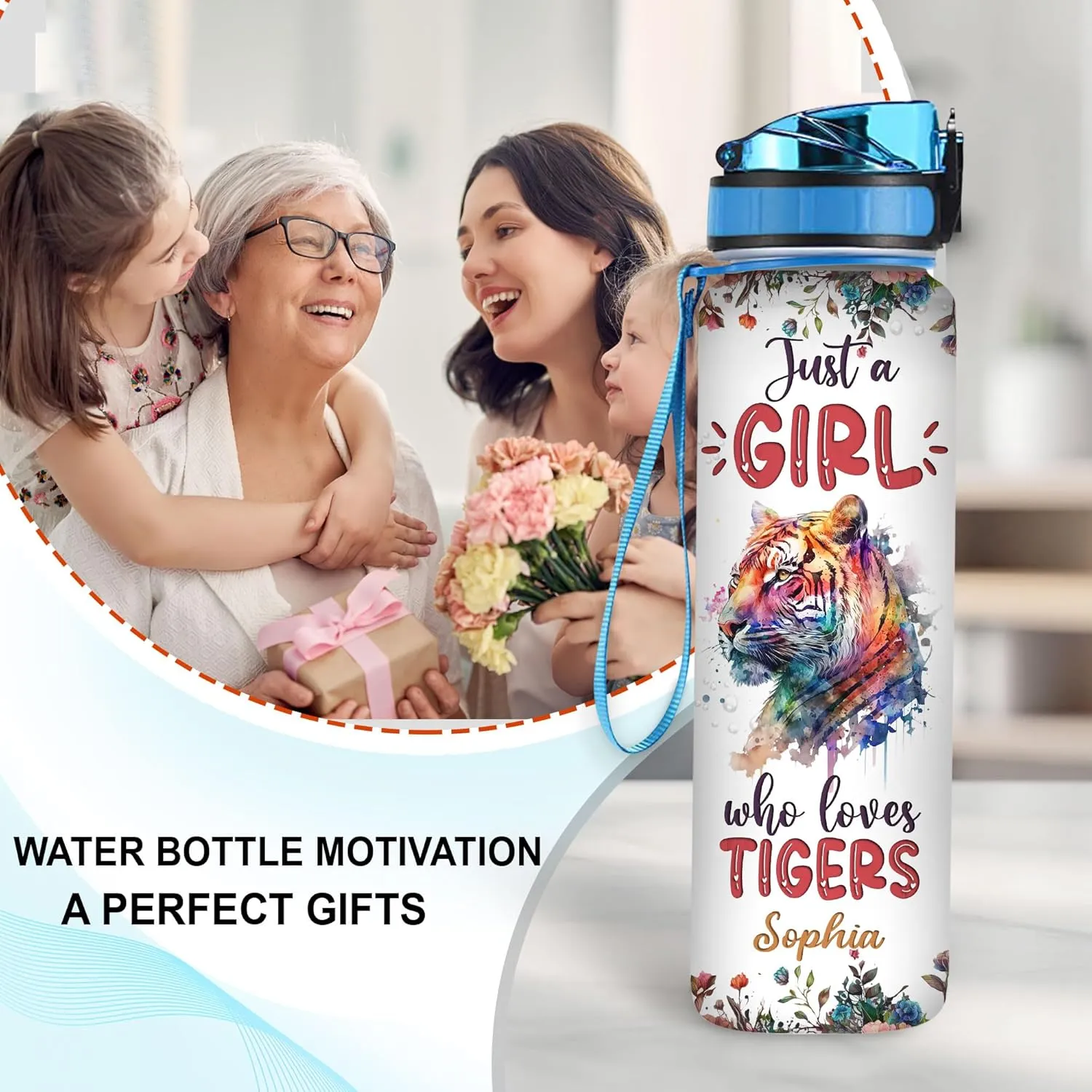 Hyturtle Personalized Tiger Lovers 32 Oz 1Liter Motivational Water Bottle With Time Marker, Just A Girl Who Loves Tigers, Animal Lovers Gifts For Women, Girl On Birthday, Christmas