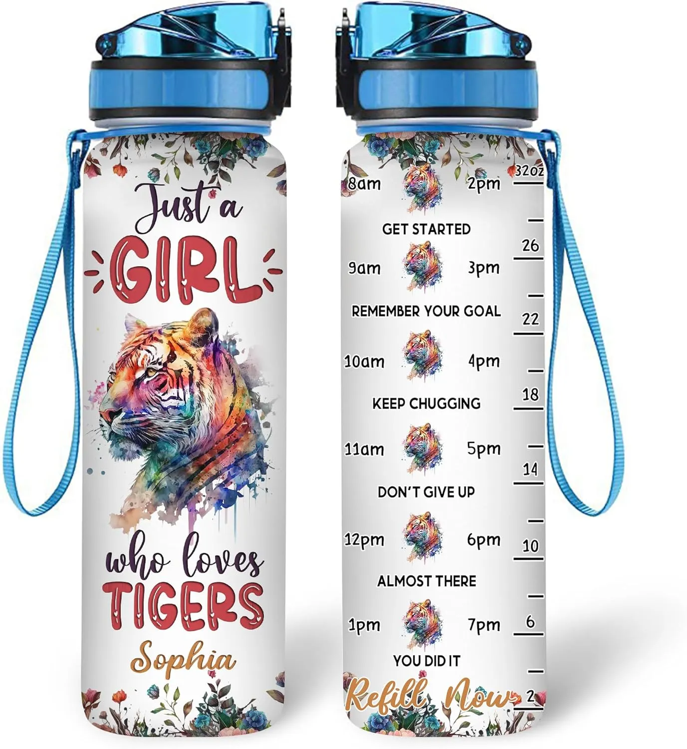 Hyturtle Personalized Tiger Lovers 32 Oz 1Liter Motivational Water Bottle With Time Marker, Just A Girl Who Loves Tigers, Animal Lovers Gifts For Women, Girl On Birthday, Christmas