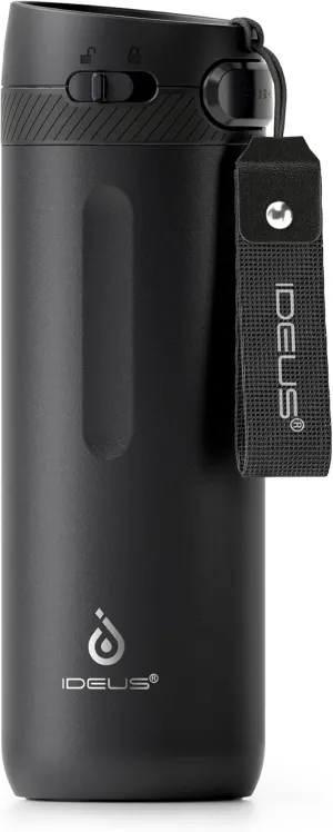 IDEUS Insulated Stainless Steel Water Bottle 17 oz Push Button Lid & Leakproof Travel Mug for Hot/Cold Beverages Fits Most Cup Holder, Black
