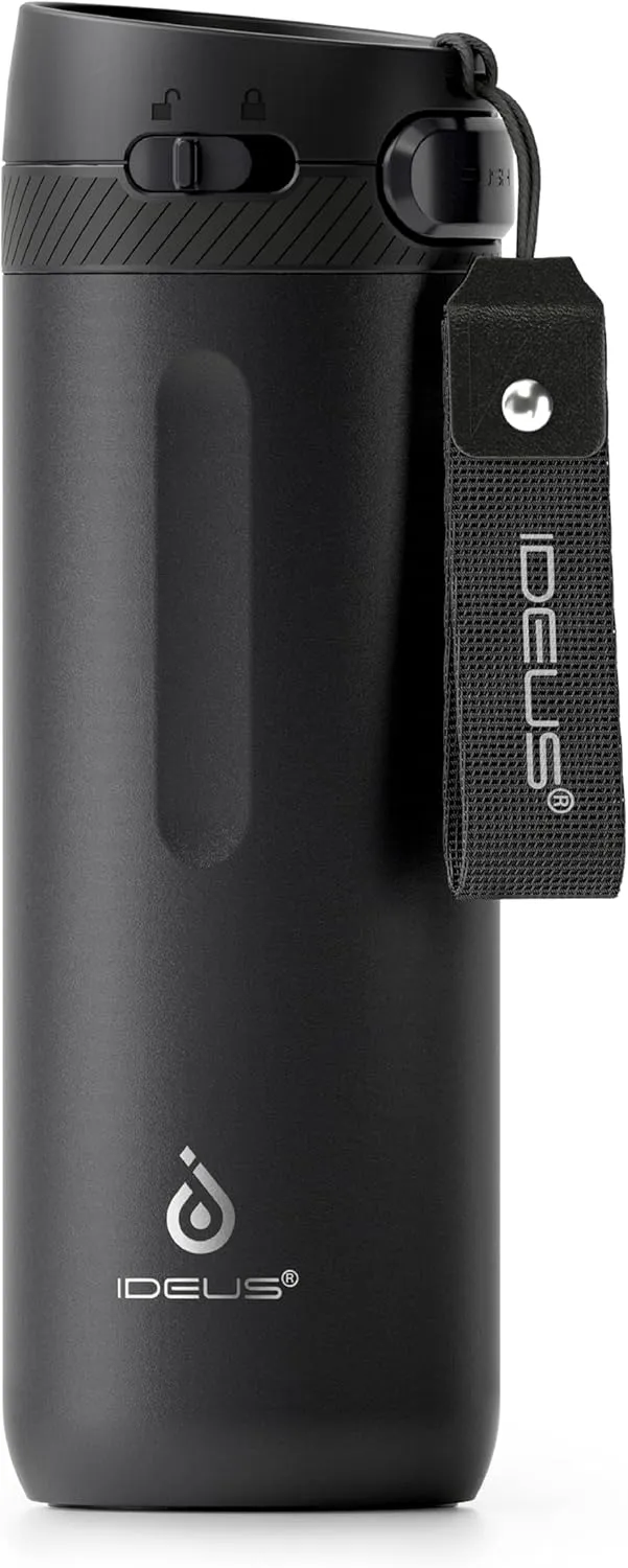 IDEUS Insulated Stainless Steel Water Bottle 17 oz Push Button Lid & Leakproof Travel Mug for Hot/Cold Beverages Fits Most Cup Holder, Black