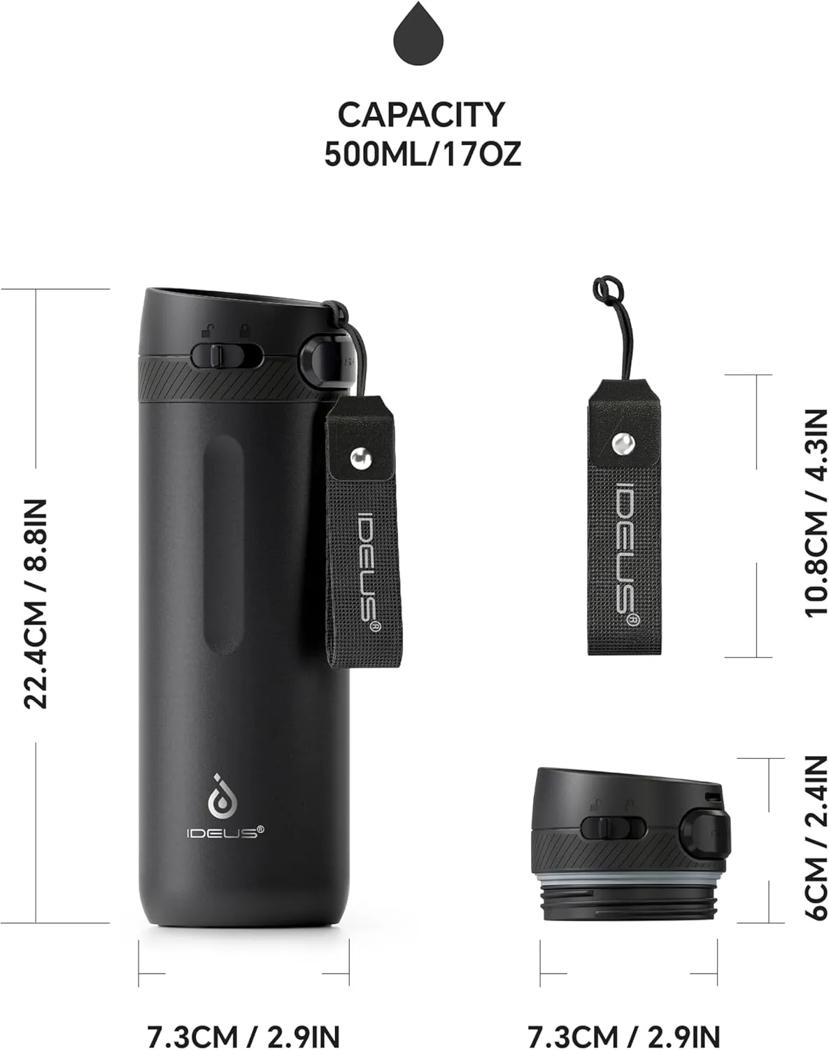 IDEUS Insulated Stainless Steel Water Bottle 17 oz Push Button Lid & Leakproof Travel Mug for Hot/Cold Beverages Fits Most Cup Holder, Black