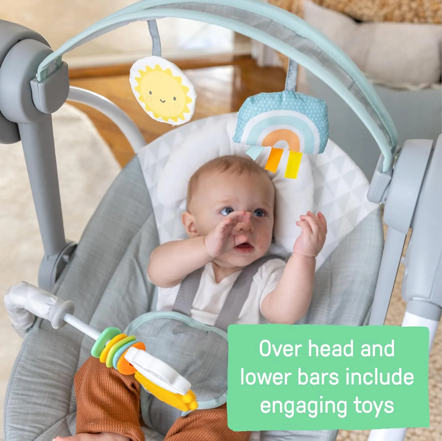 Ingenuity Milestone Baby Swing, Toy Bar, Foldable Swing, 6-Speed, Music, for Ages 0-9 Months, Up to 20 Pounds - Grey