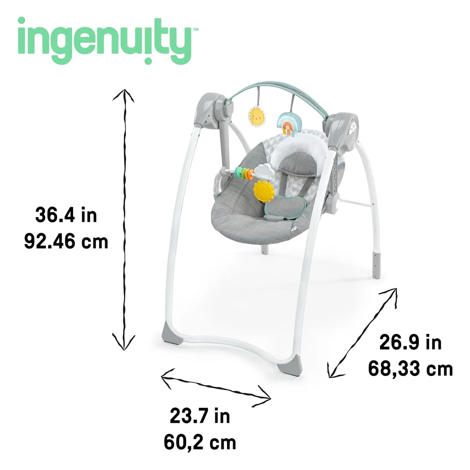 Ingenuity Milestone Baby Swing, Toy Bar, Foldable Swing, 6-Speed, Music, for Ages 0-9 Months, Up to 20 Pounds - Grey
