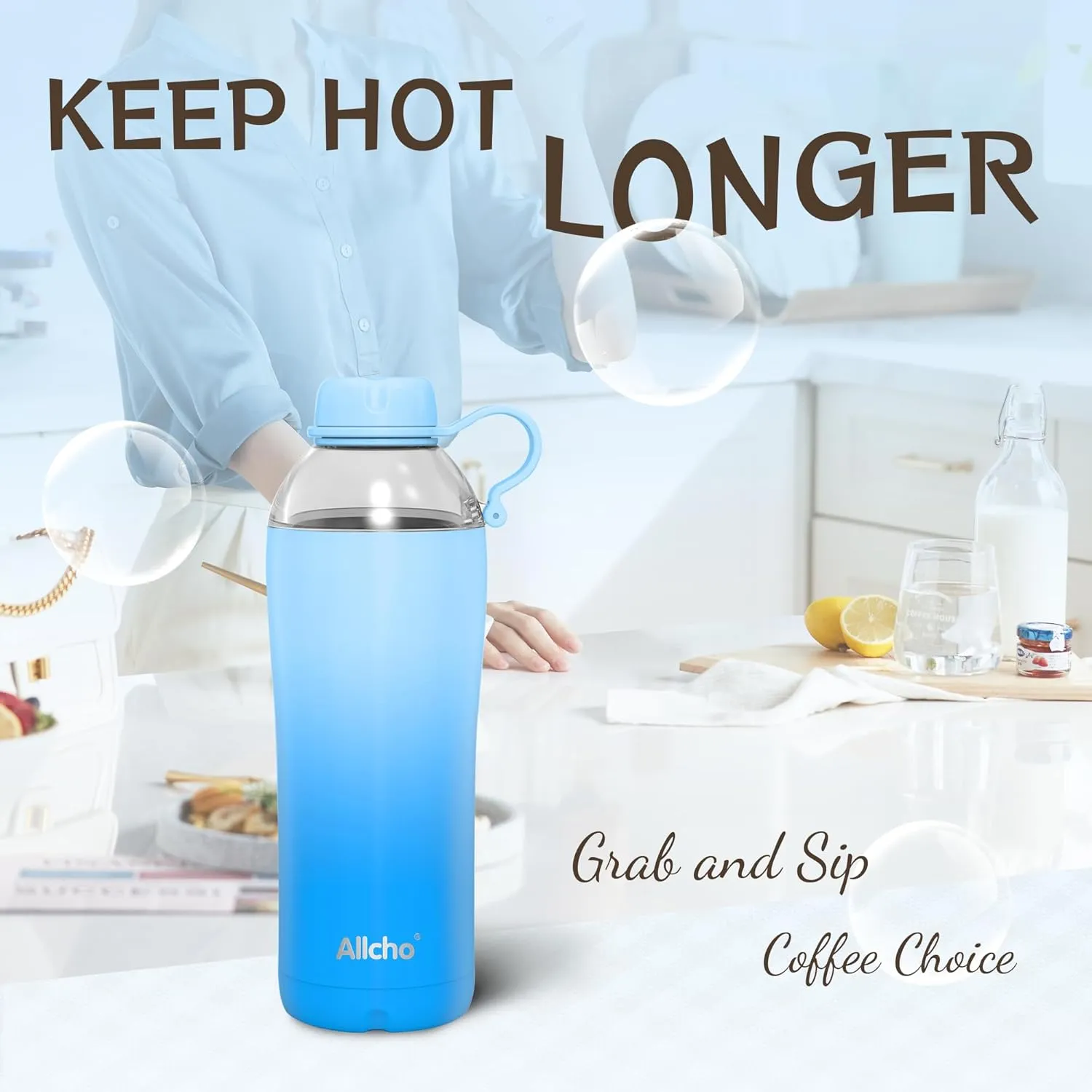 Insulated Water Bottle for Women, 18 oz Stainless Steel Water Bottles, Double Walled, 2 Lids (Chug & Tumbler) - Hydrate & Caffeinate, Gifts