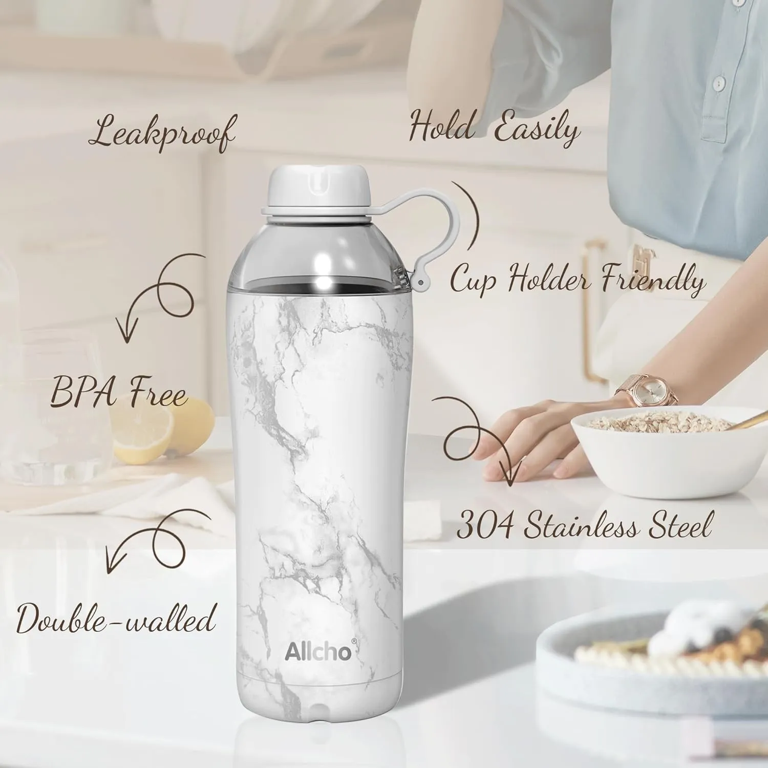 Insulated Water Bottle for Women, 18 oz Stainless Steel Water Bottles, Double Walled, 2 Lids (Chug & Tumbler) - Hydrate & Caffeinate, Gifts