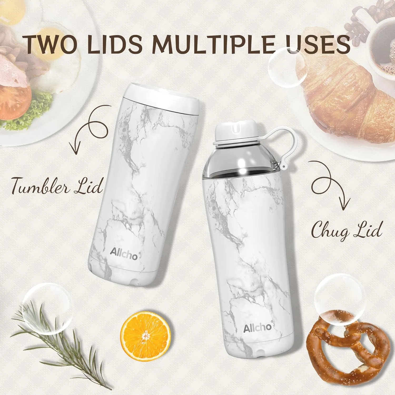 Insulated Water Bottle for Women, 18 oz Stainless Steel Water Bottles, Double Walled, 2 Lids (Chug & Tumbler) - Hydrate & Caffeinate, Gifts