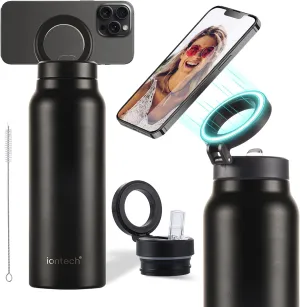 iontech Water Bottle Compatible with Magsafe iPhone Holder, 32oz Insulated Stainless Steel Flask with Magnetic Phone Tripod Mount Stand For Gym Sports Travel Car Cup, Hot 12H Cold 24H (Black)