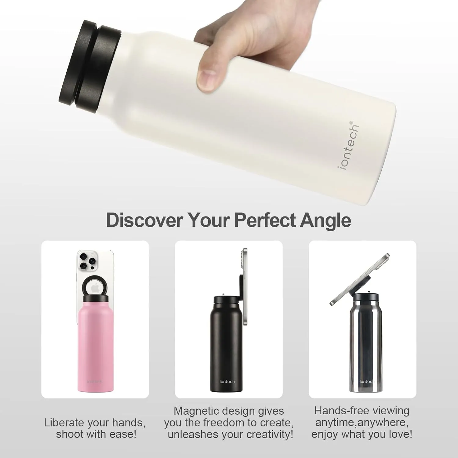 iontech Water Bottle Compatible with Magsafe iPhone Holder, 32oz Insulated Stainless Steel Flask with Magnetic Phone Tripod Mount Stand For Gym Sports Travel Car Cup, Hot 12H Cold 24H (Black)