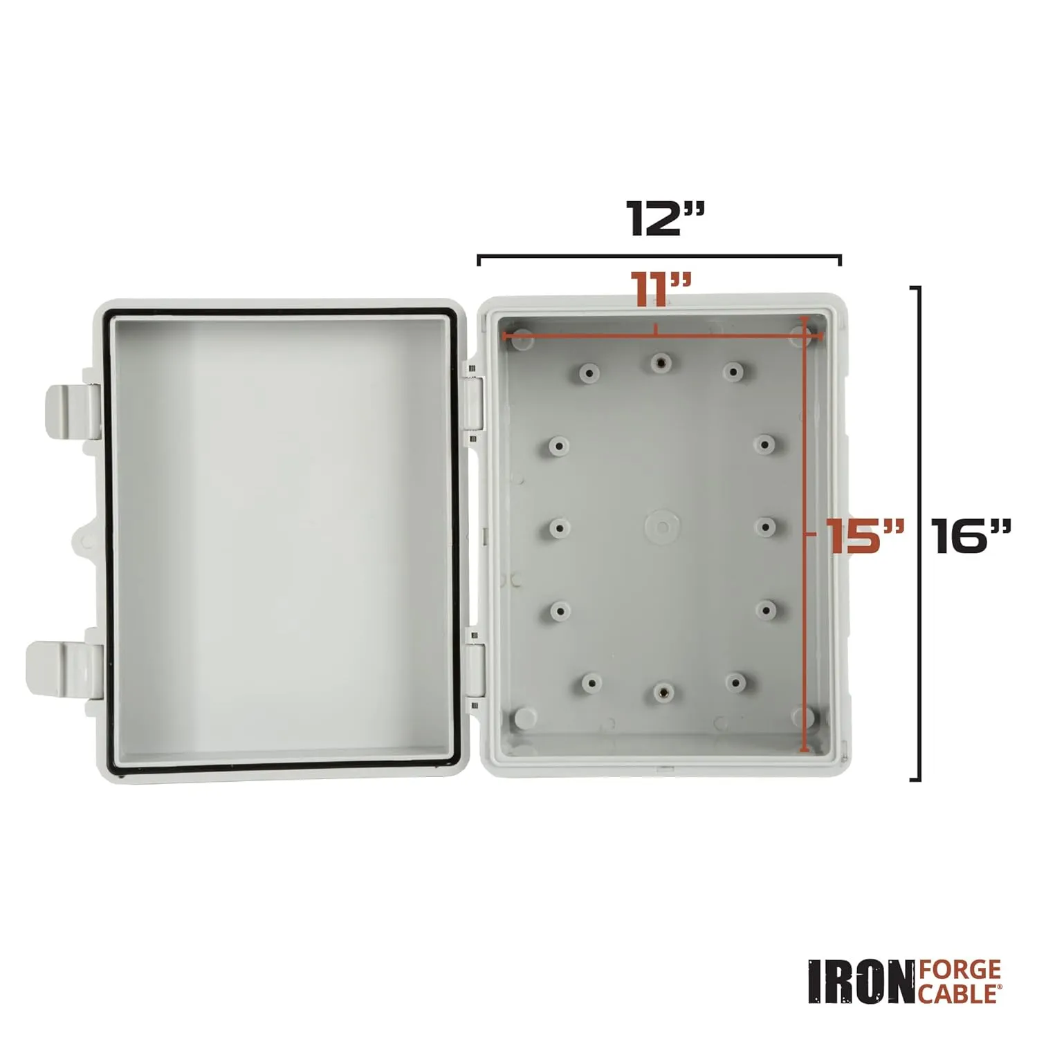 Iron Forge Cable Waterproof Junction Box Extra Large - Outdoor Box Enclosure - ABS Plastic Hinged Light Gray Panel Cover - IP65 16" x 12" x 7.2" Inch