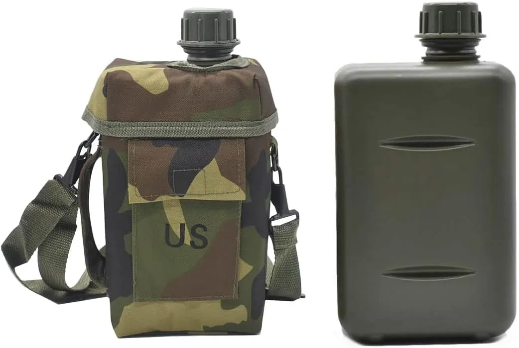 JADEDRAGON Portable Military Canteen Water Bottle, 2 Quart Water Canteen Reinforced Nylon Insulated Carrier Cover with Shoulder Strap Sling(Green 2 L)