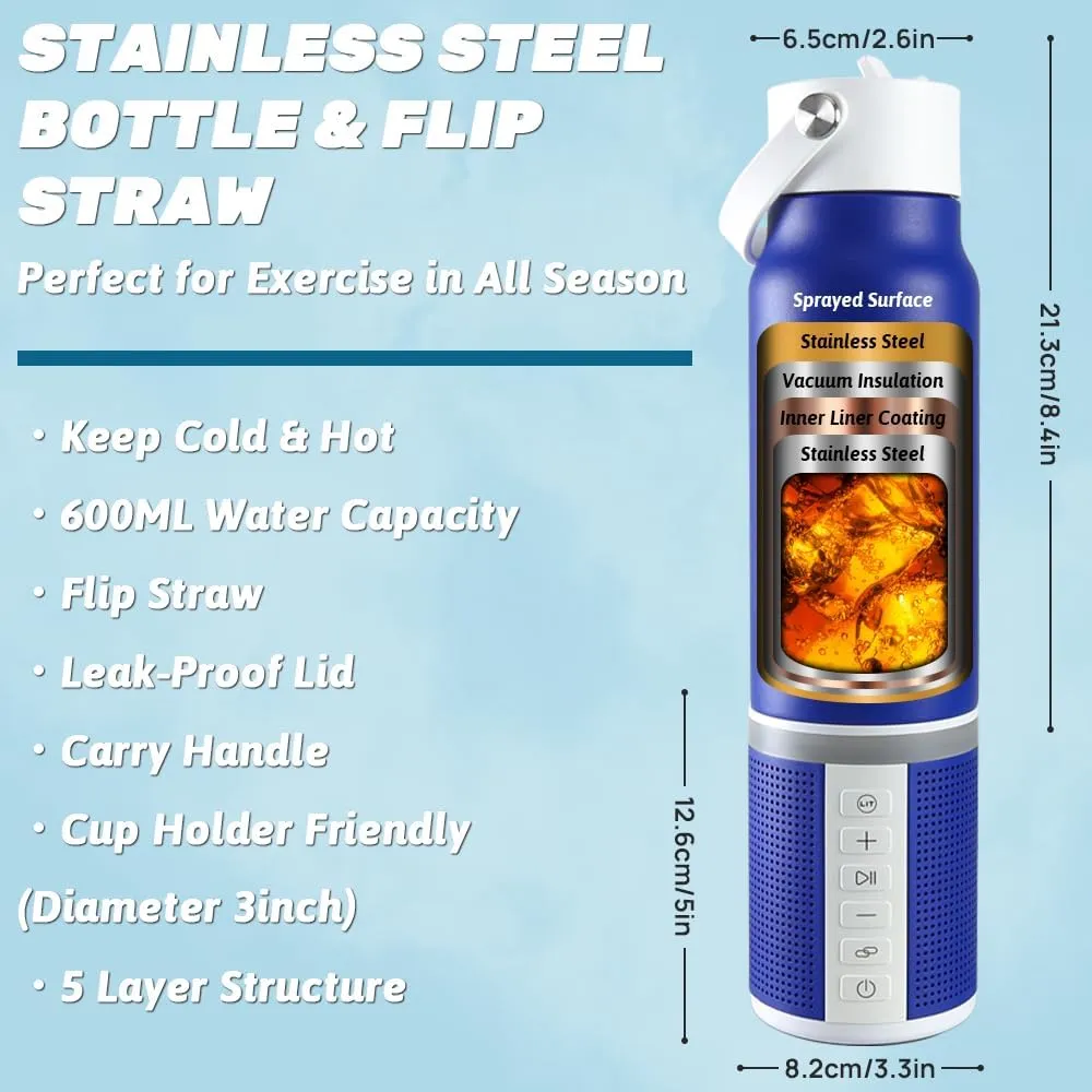 JBM Insulated Water Bottle with Bluetooth Speaker, Leak Proof Straw Lid, RGB LED Lights Stainless Steel Water Bottle for Sports (Blue)
