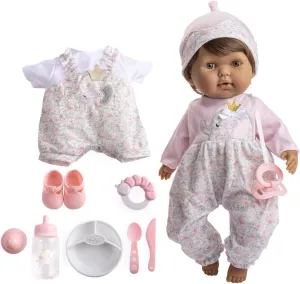 JC Toys /15" Realistic Soft Body Brown Hair / Brown Eyes Baby Doll with Open/Close Eyes | 10 Piece Gift Set with Bottle, Rattle, Pacifier & Accessories | Pink | Ages 2 