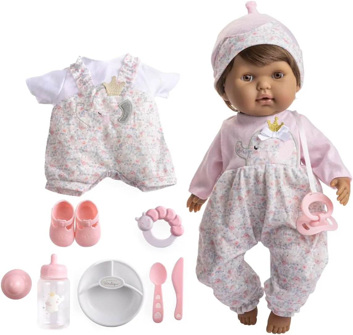 JC Toys /15" Realistic Soft Body Brown Hair / Brown Eyes Baby Doll with Open/Close Eyes | 10 Piece Gift Set with Bottle, Rattle, Pacifier & Accessories | Pink | Ages 2 