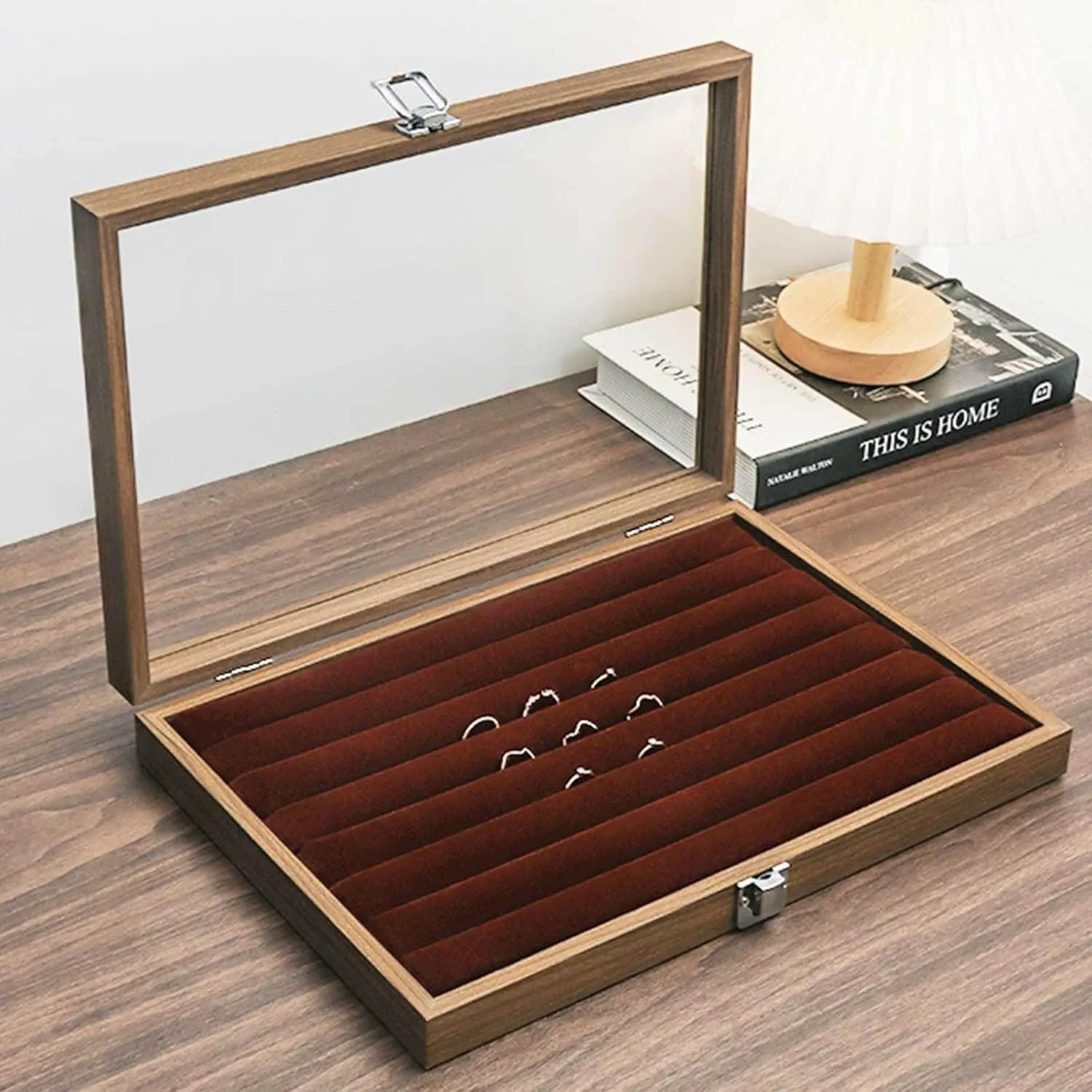 Jewelry Box, Wooden Jewelry Organizer Box with Clear Glass Lid Jewelry Holder Organizer Velvet Jewelry Storage Case for Women Earrings Rings Necklaces Bracelet Watch D(A)