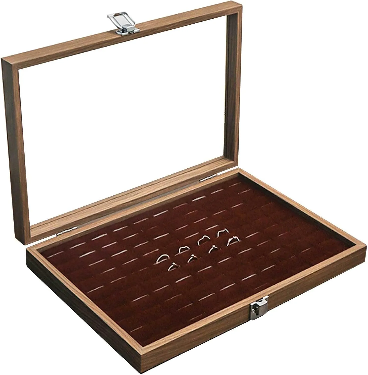 Jewelry Box, Wooden Jewelry Organizer Box with Clear Glass Lid Jewelry Holder Organizer Velvet Jewelry Storage Case for Women Earrings Rings Necklaces Bracelet Watch D(F)