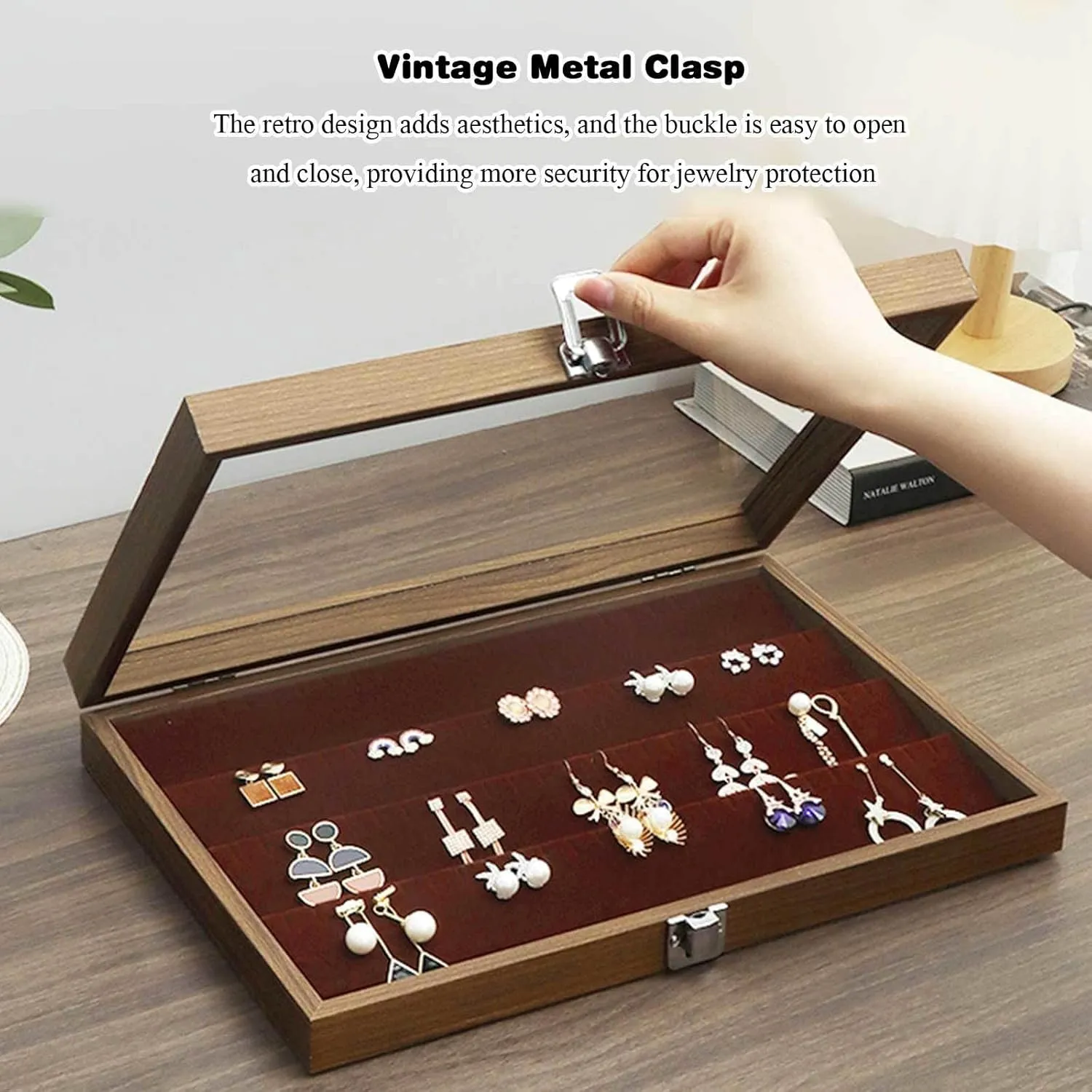Jewelry Box, Wooden Jewelry Organizer Box with Clear Glass Lid Jewelry Holder Organizer Velvet Jewelry Storage Case for Women Earrings Rings Necklaces Bracelet Watch D(F)
