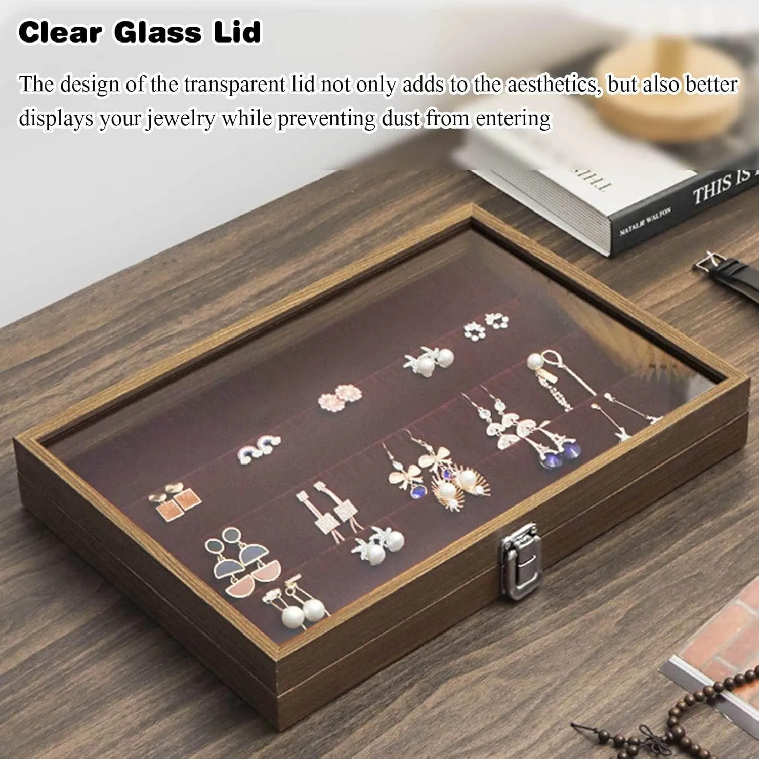 Jewelry Box, Wooden Jewelry Organizer Box with Clear Glass Lid Jewelry Holder Organizer Velvet Jewelry Storage Case for Women Earrings Rings Necklaces Bracelet Watch D(F)
