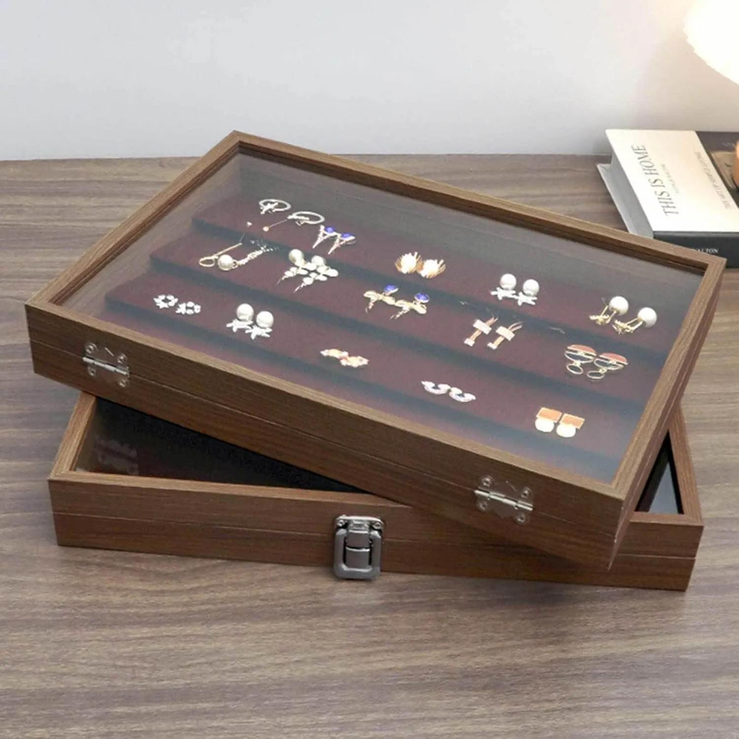 Jewelry Box, Wooden Jewelry Organizer Box with Clear Glass Lid Jewelry Holder Organizer Velvet Jewelry Storage Case for Women Earrings Rings Necklaces Bracelet Watch D(F)