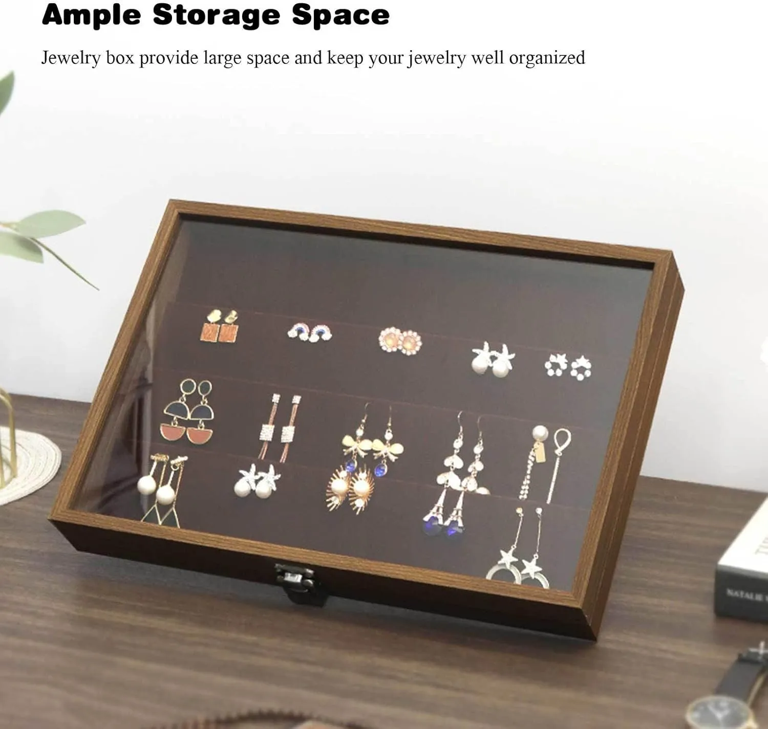 Jewelry Box, Wooden Jewelry Organizer Box with Clear Glass Lid Jewelry Holder Organizer Velvet Jewelry Storage Case for Women Earrings Rings Necklaces Bracelet Watch D(F)