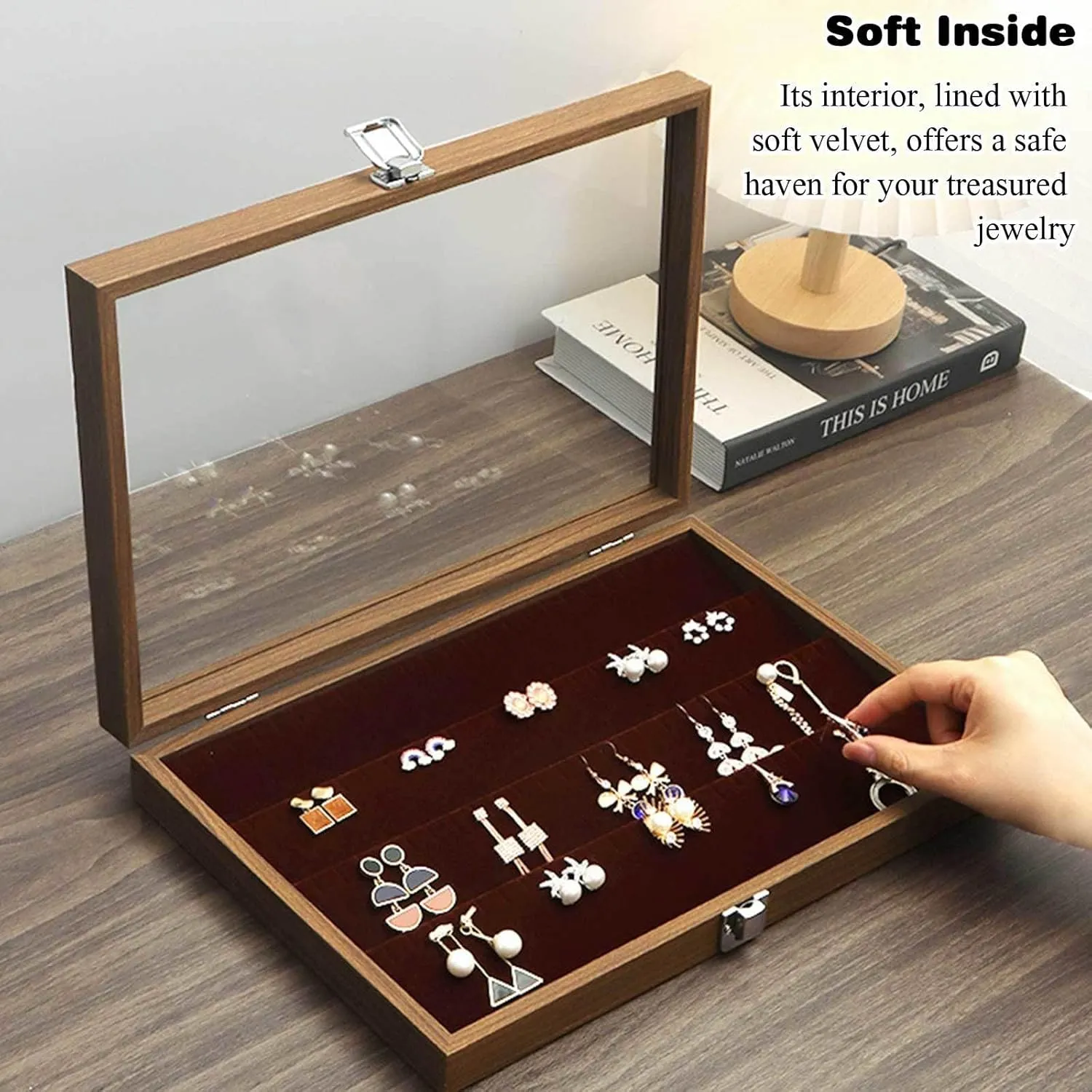 Jewelry Box, Wooden Jewelry Organizer Box with Clear Glass Lid Jewelry Holder Organizer Velvet Jewelry Storage Case for Women Earrings Rings Necklaces Bracelet Watch D(F)
