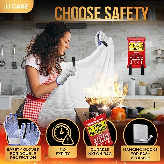 JJ CARE Fire Blanket – 4 Packs with Hooks – Emergency Fire Blanket for Home & Kitchen, High Heat Resistant Fire Suppression Blankets for Home Safety, Kitchen, and Camping