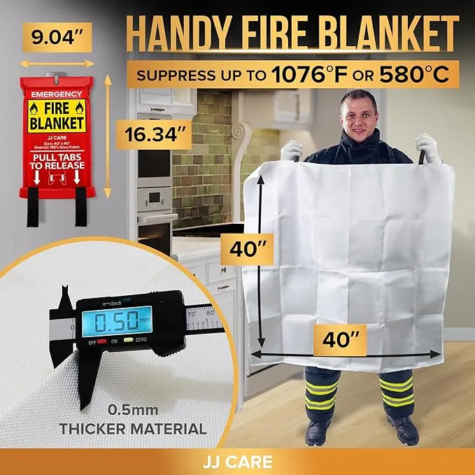 JJ CARE Fire Blanket – 4 Packs with Hooks – Emergency Fire Blanket for Home & Kitchen, High Heat Resistant Fire Suppression Blankets for Home Safety, Kitchen, and Camping